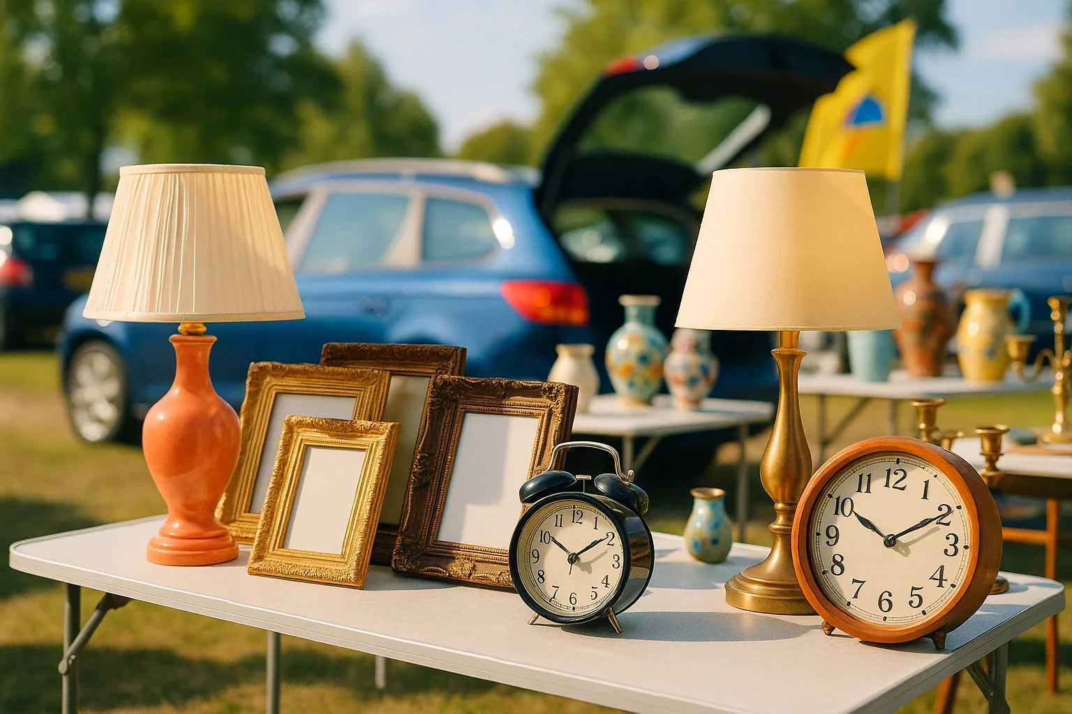 Vintage items including lamps, picture frames, and clocks on a table outdoors with cars in the background.