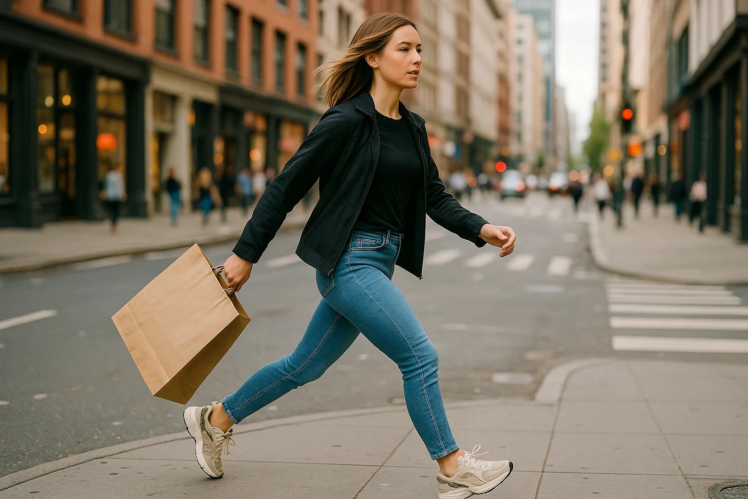 Woman walking on a city street holding a brown paper bag.