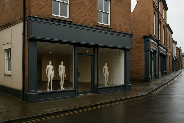 Storefront with mannequins in a window display on a city street.