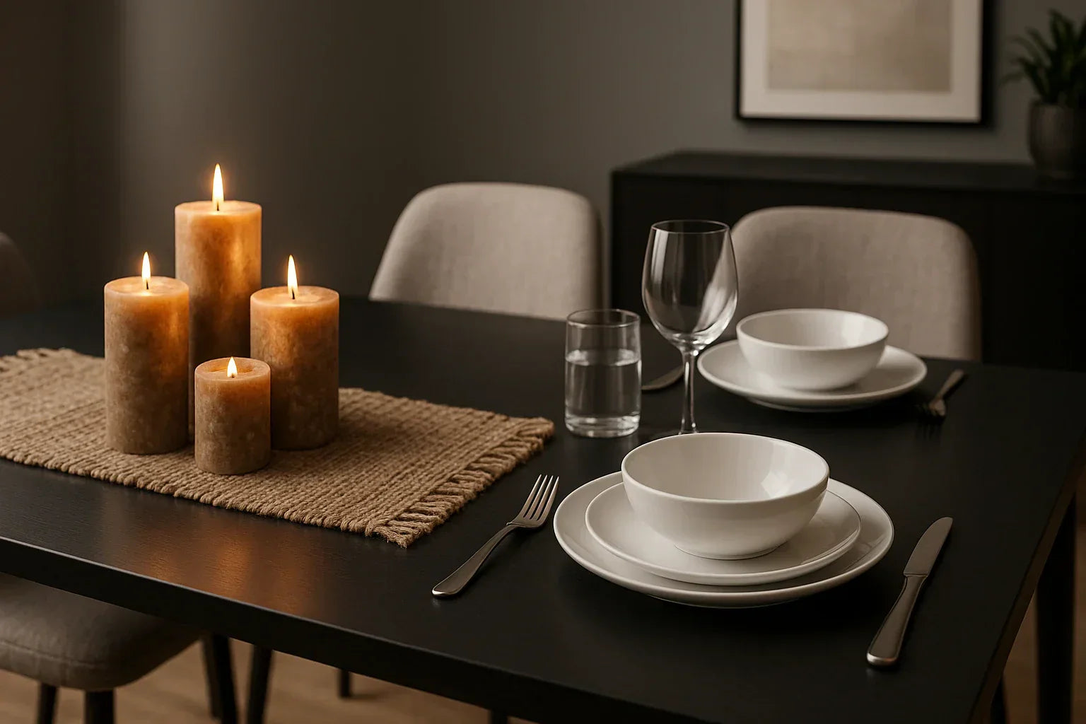 Cosy dining table set for two with white plates and bowls, glasses and cutlery, decorated with a woven runner and a cluster of lit pillar candles creating warm ambient light.