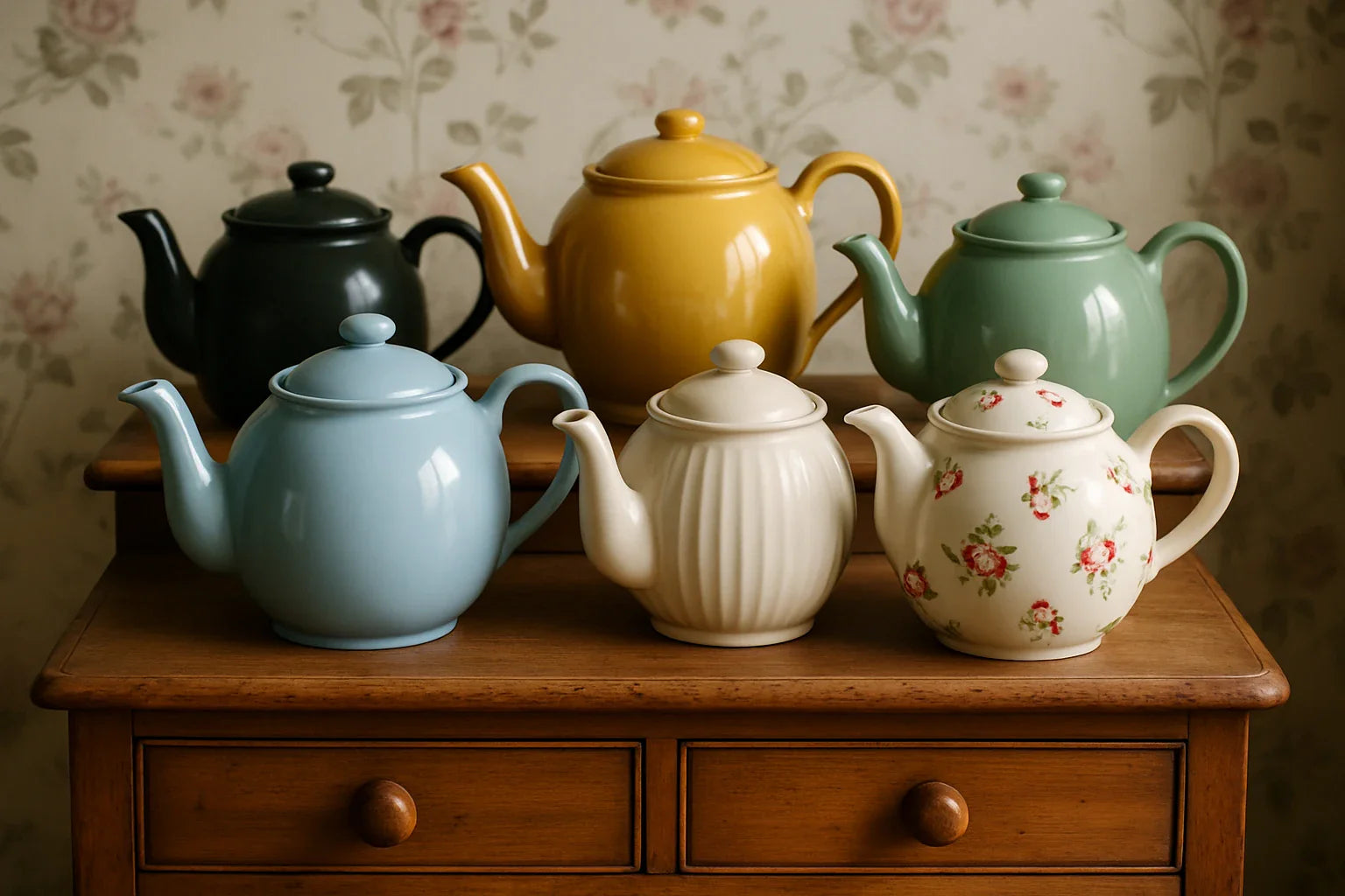 Six assorted teapots in pastel and floral designs displayed on a wooden dresser against vintage floral wallpaper.