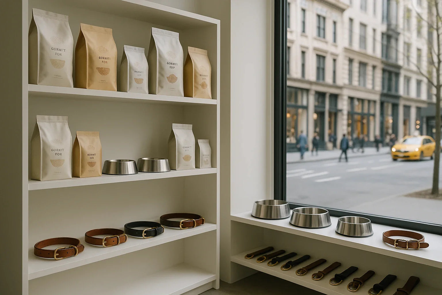 Shelves with pet supplies including bags, bowls, and collars by a window with a city street view.