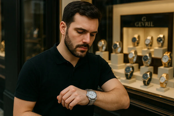 Man examining a watch in front of a display case with watches.