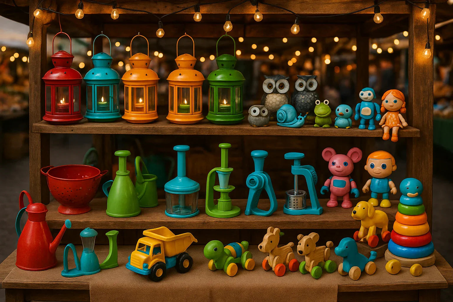 Colourful toys and lanterns on a wooden shelf with string lights in the background.