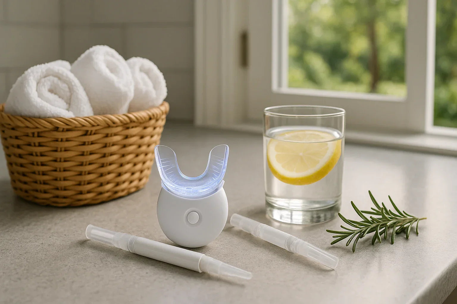 White dental device on a kitchen counter with a glass of water, lemon, and rosemary.