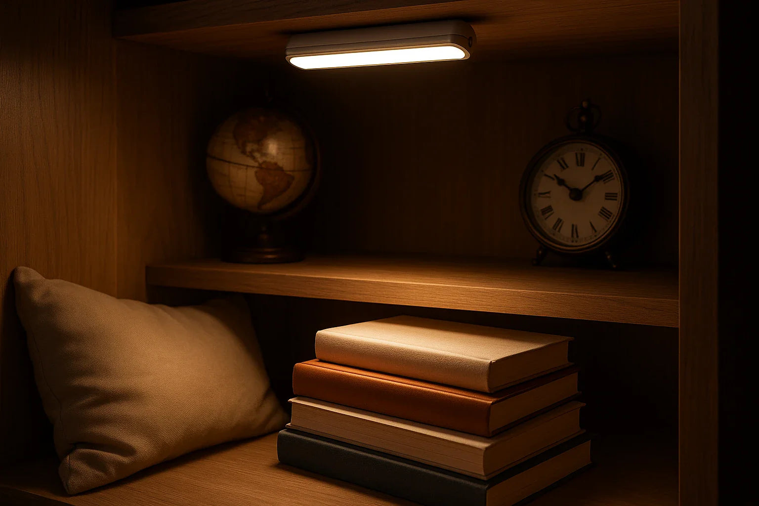Warmly lit wooden bookshelf with a small stack of books, a beige cushion, a vintage globe and a classic round clock beneath an LED under-shelf light.