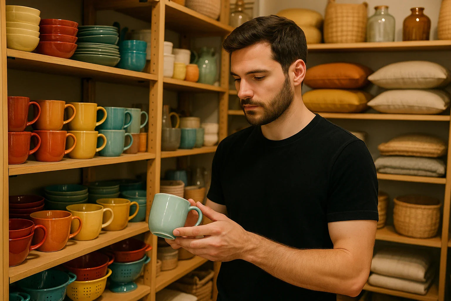 Man holding a green mug in a room with shelves filled with colourful mugs and ceramic items.