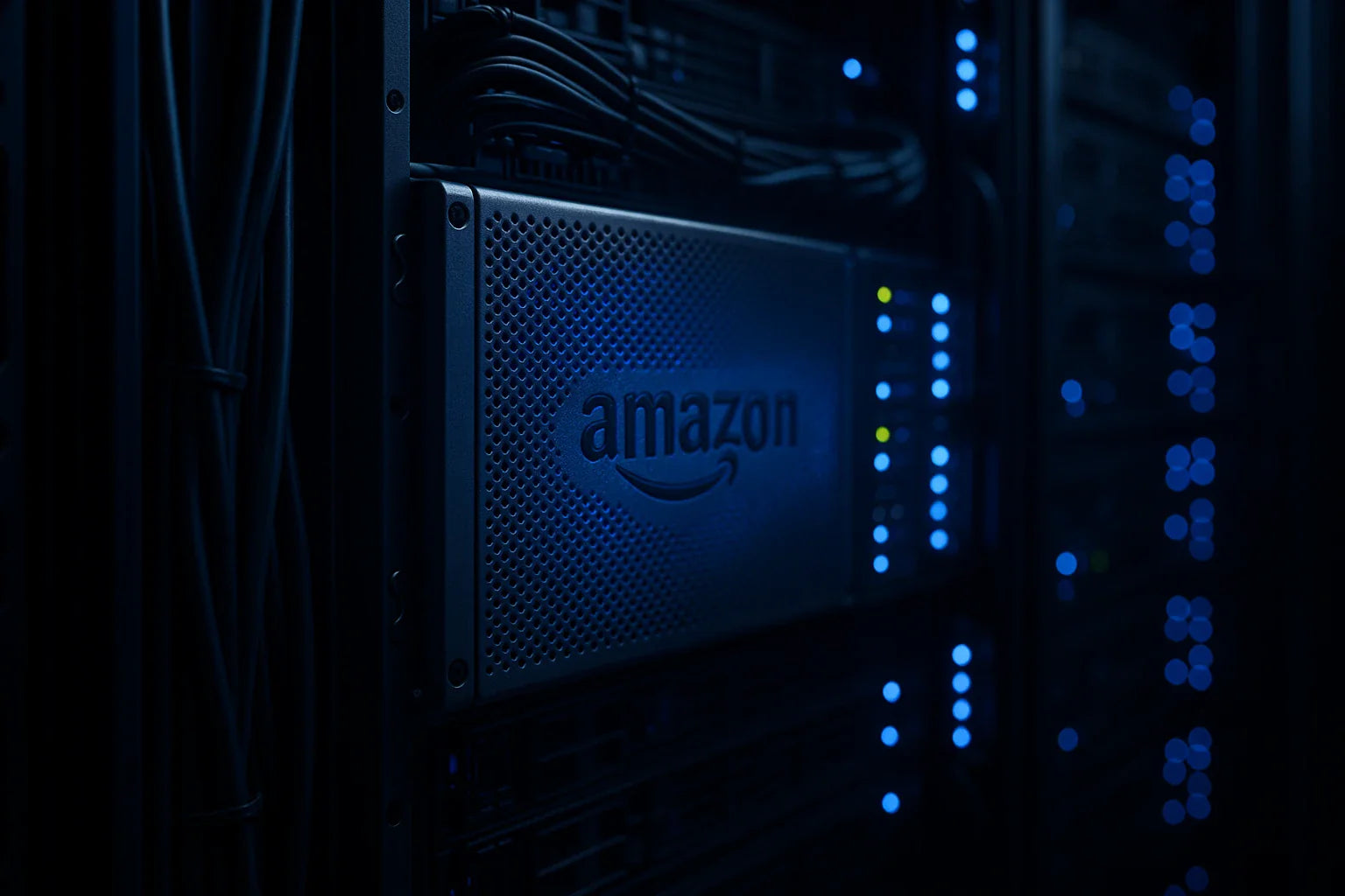 A photo of amazon server with cables positioned in a shelve in a dark room.