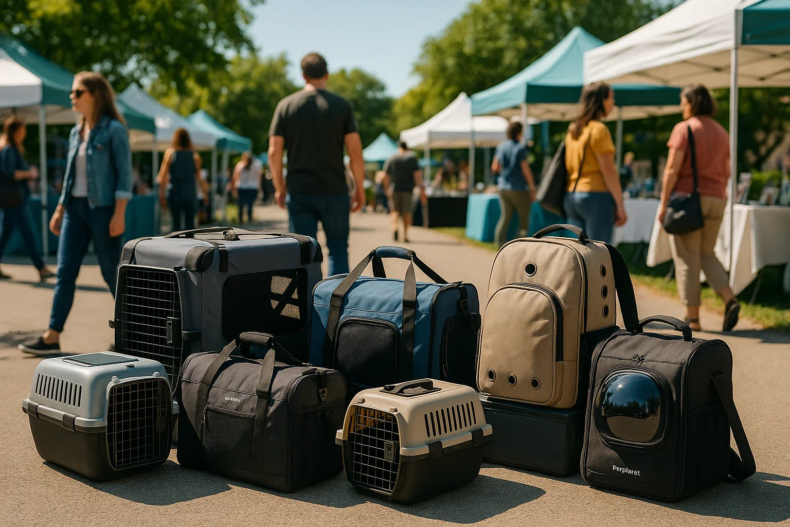 A variety of pet carriers and backpack-style pet bags arranged on the ground at an outdoor market, with people walking past stalls and tents in the background.