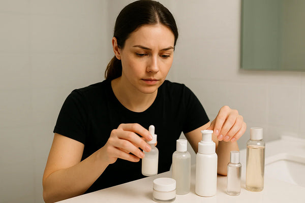 Woman examining skincare bottles on a bathroom counter