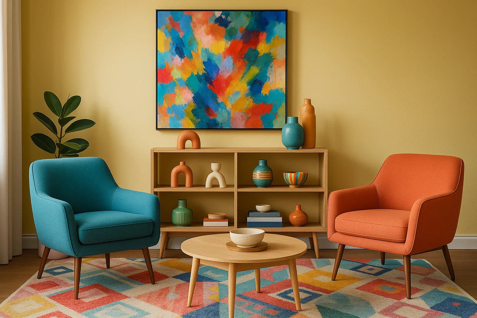 Living room with blue and orange chairs, a colourful rug, and a shelf with decorative items.