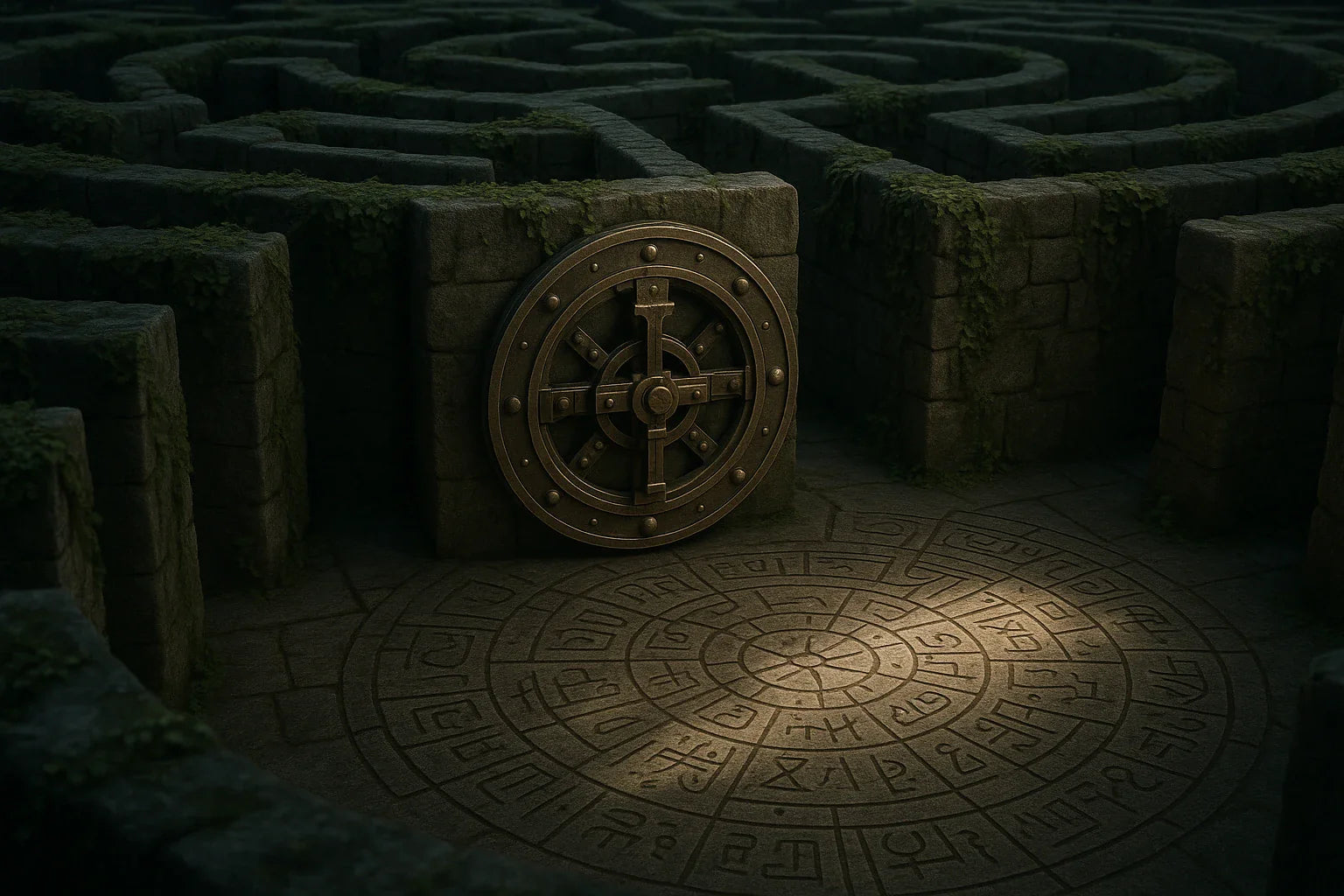Ancient stone maze with moss-covered walls, featuring a large circular brass mechanism set into the wall and a glowing engraved stone floor covered in mysterious runic symbols.