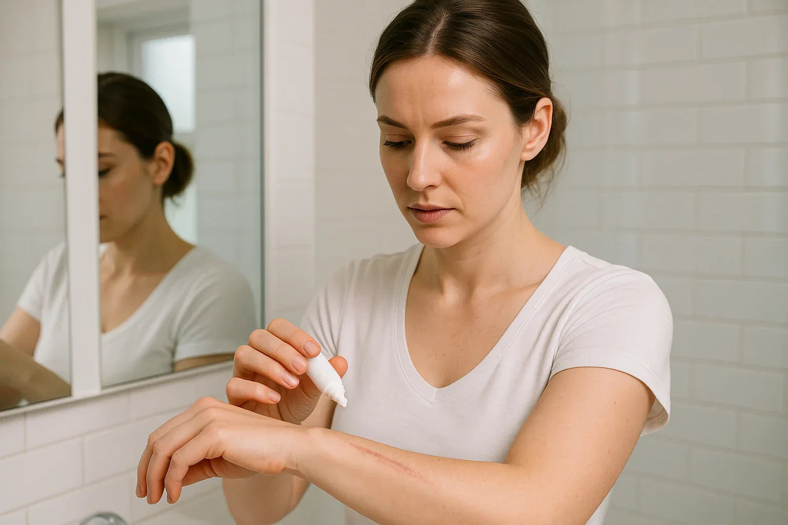 Woman applying lotion to her hand in front of a mirror in a bathroom.