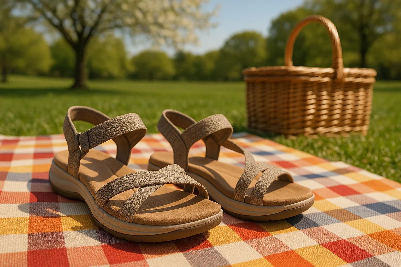 Pair of brown sandals on a checkered picnic blanket with a picnic basket in the background.