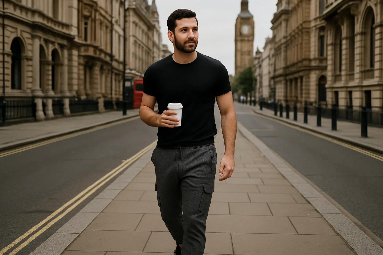 Man walking on a city street holding a coffee cup with a clock tower in the background