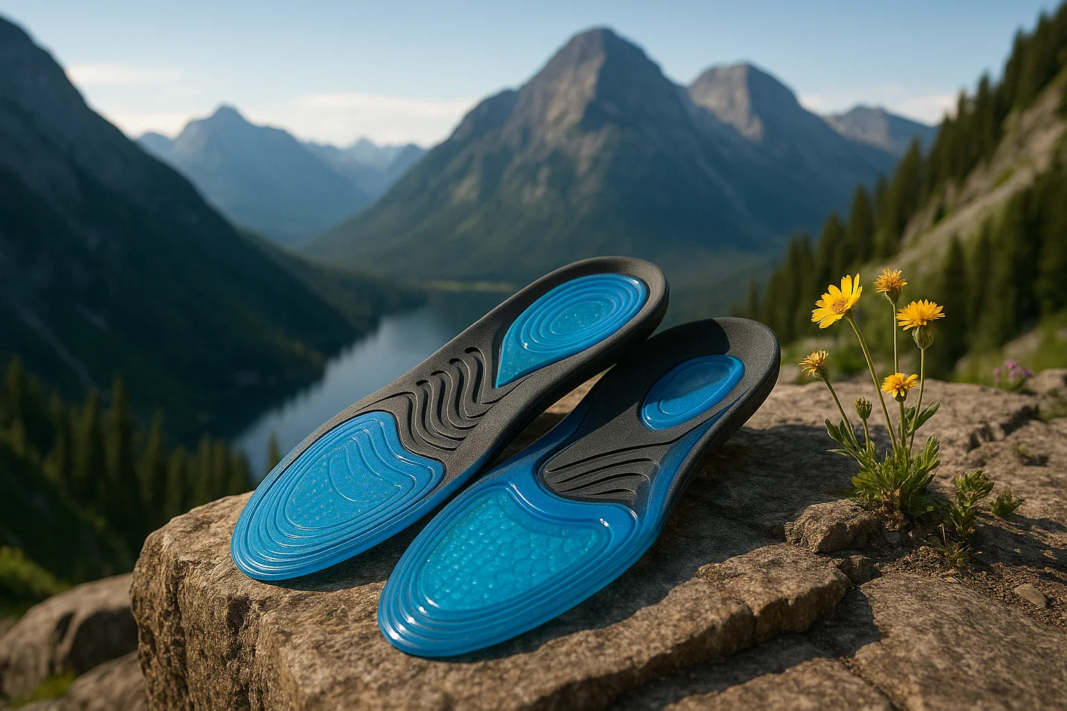 Blue and black shoe insoles on a rock with mountains and flowers in the background
