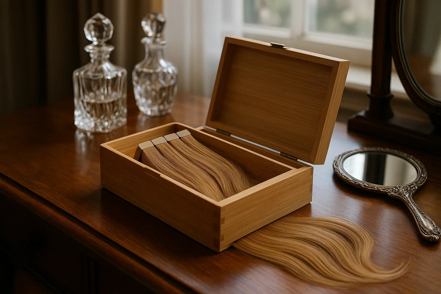 Wooden box with a lock of hair on a wooden surface with a mirror and decanter in the background.