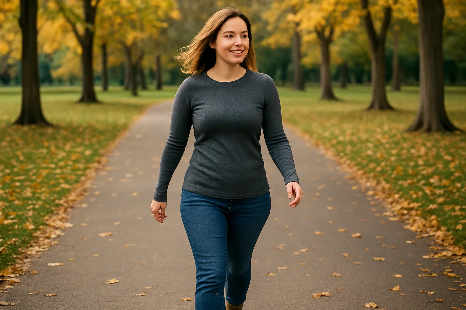 Woman walking on a path in a park with trees and fallen leaves.