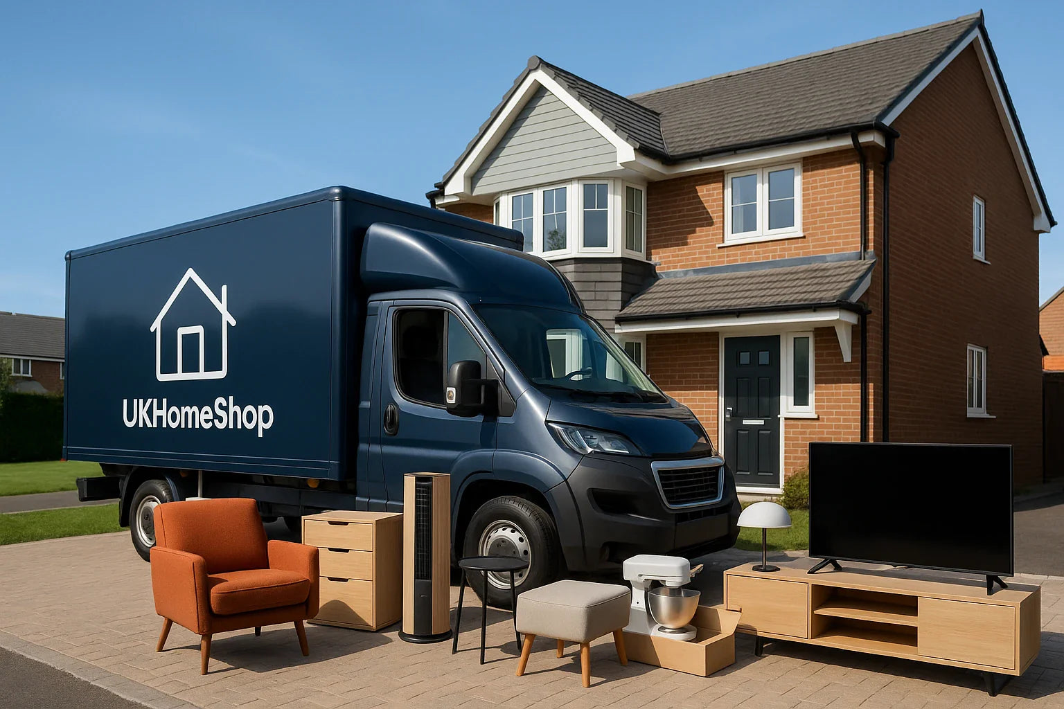 UKHomeShop delivery van parked outside a modern suburban house with various home furniture and appliances, including an armchair, TV unit, lamp and mixer, displayed on the driveway.