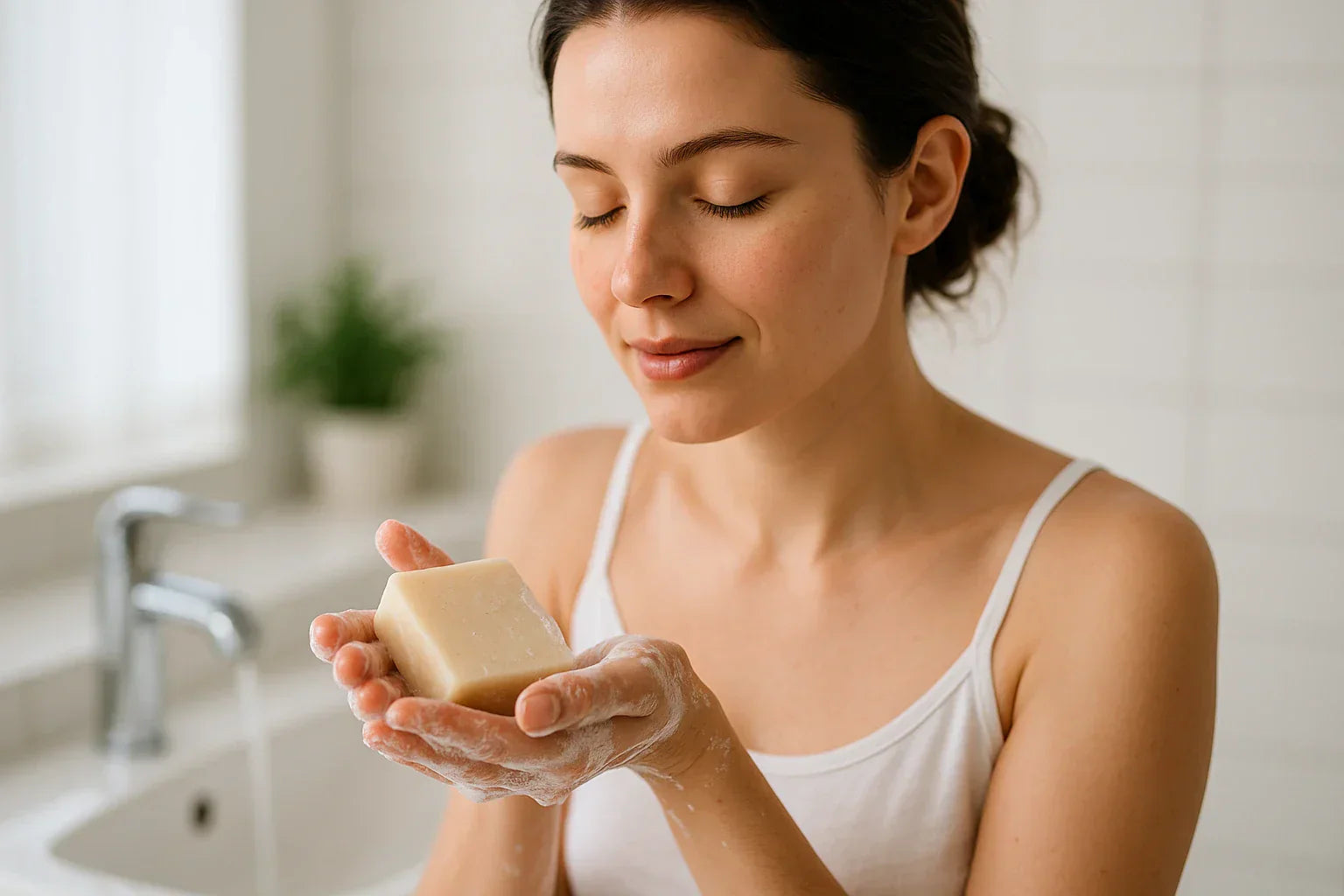 Woman holding a bar of soap in a bathroom setting