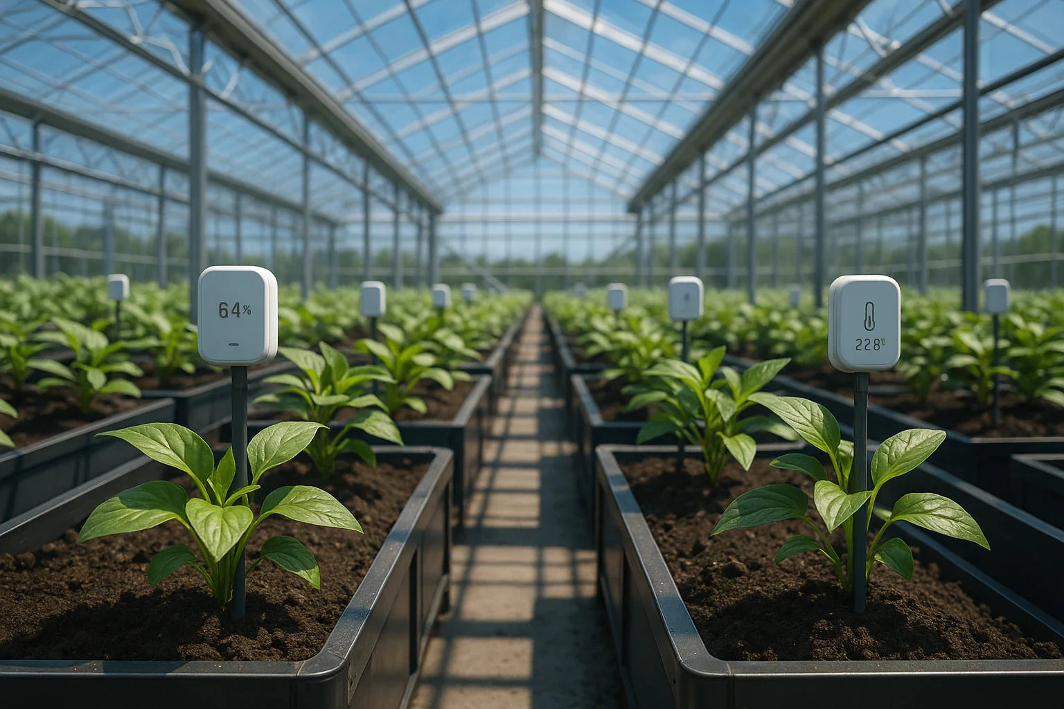 Greenhouse with rows of plants and environmental monitoring devices.