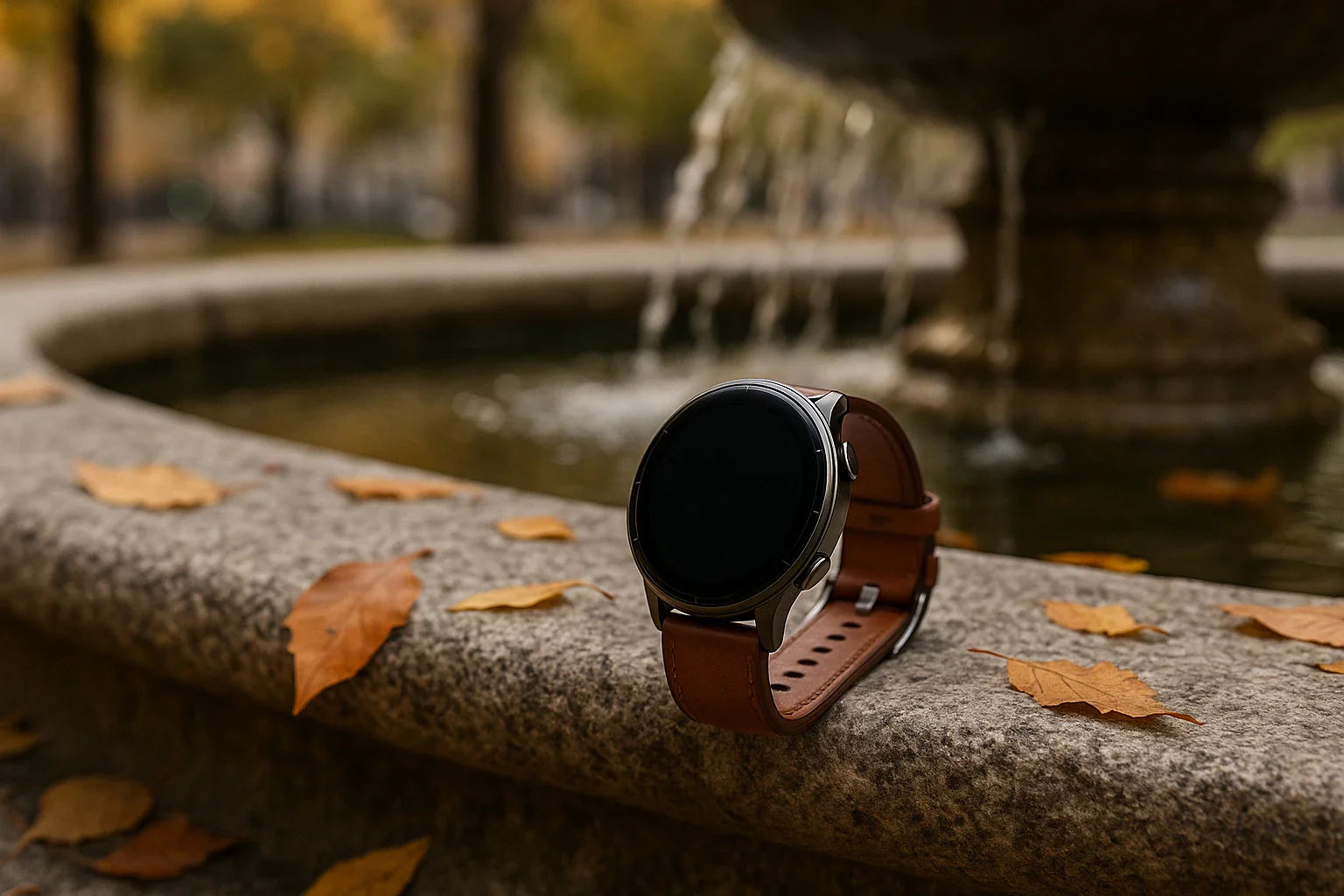Smartwatch with brown leather strap on a stone ledge near a fountain with autumn leaves.