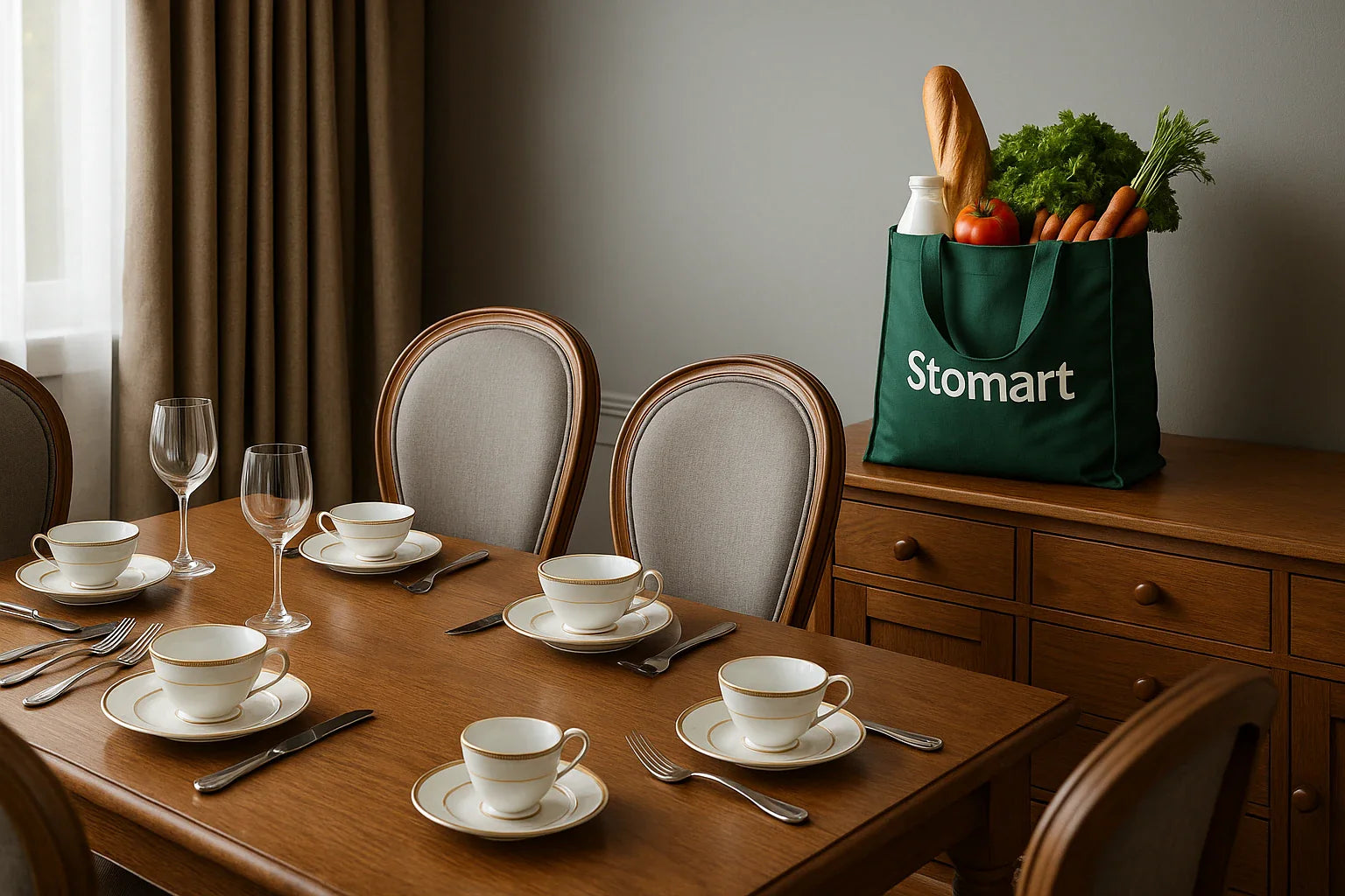 Dining table set with cups, saucers, and cutlery, next to a Stomart bag with groceries.