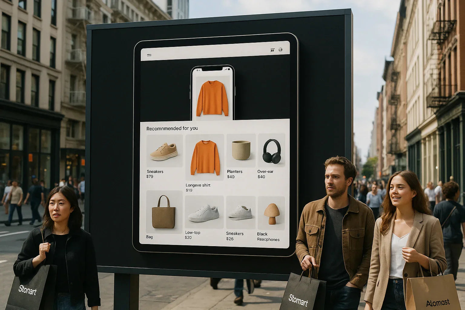 Large digital billboard in a city street displaying an online shopping app with product recommendations, while shoppers walk past carrying branded Stomart and Atomast paper bags.
