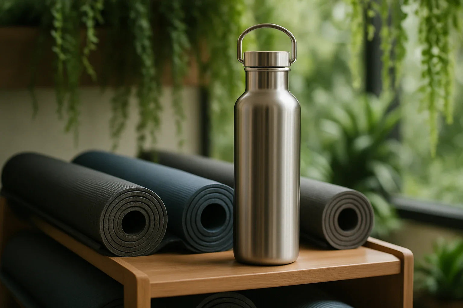 Silver water bottle on a wooden shelf with yoga mats and plants in the background