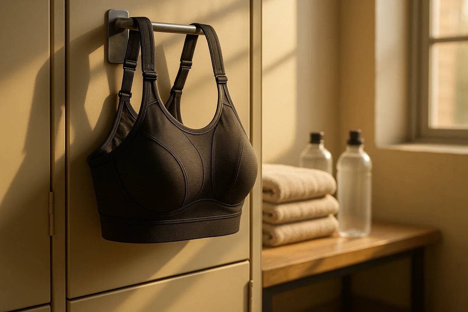 Black high-support sports bra hanging on a locker door in a gym changing room, with folded towels and water bottles on a wooden bench in the background.