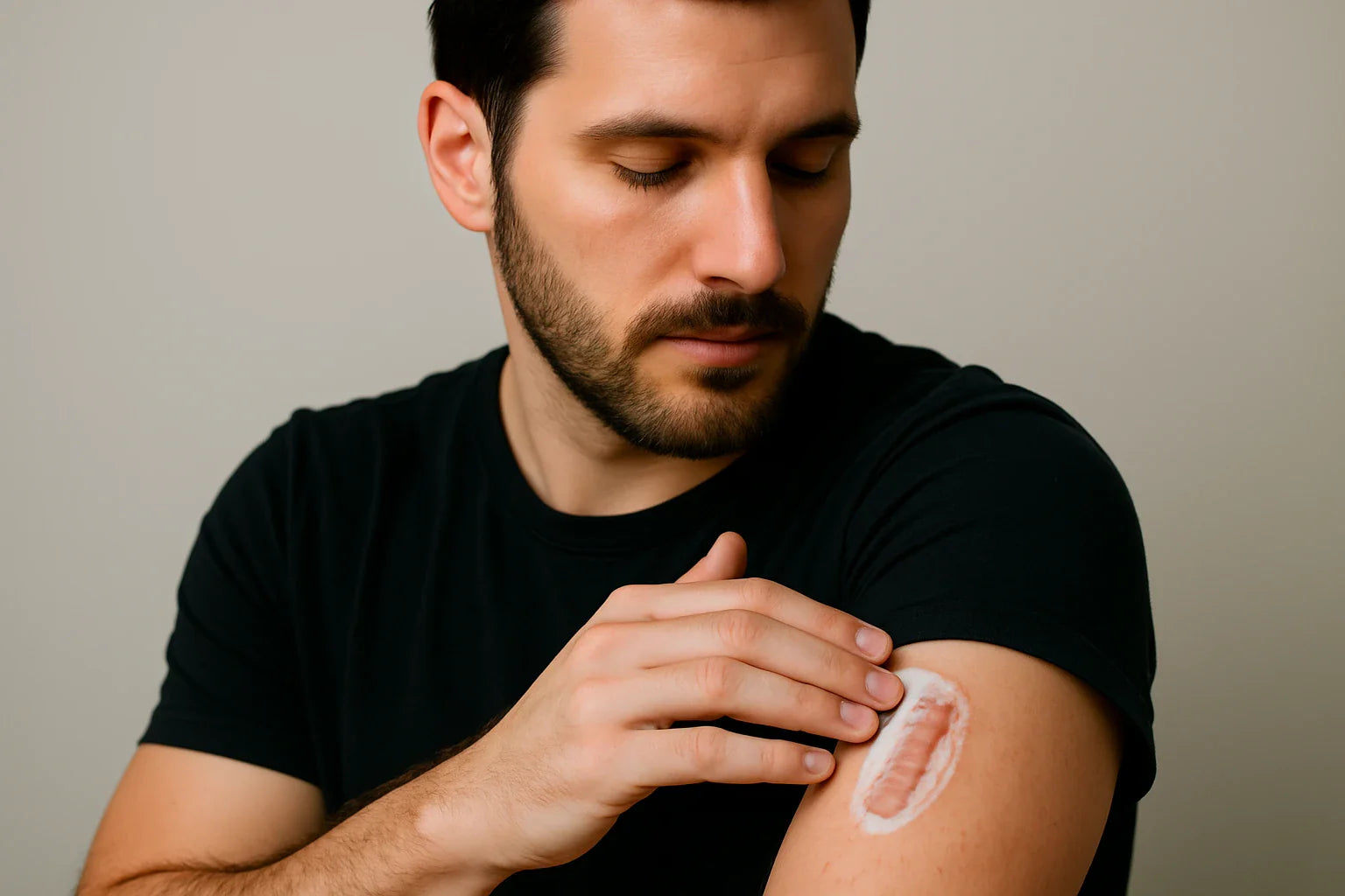 Man applying a patch to his arm against a neutral background
