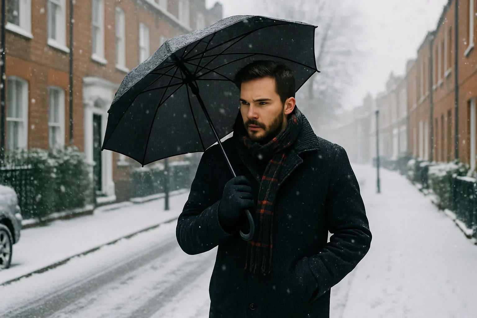 Man holding a black umbrella in a snowy street with brick buildings.