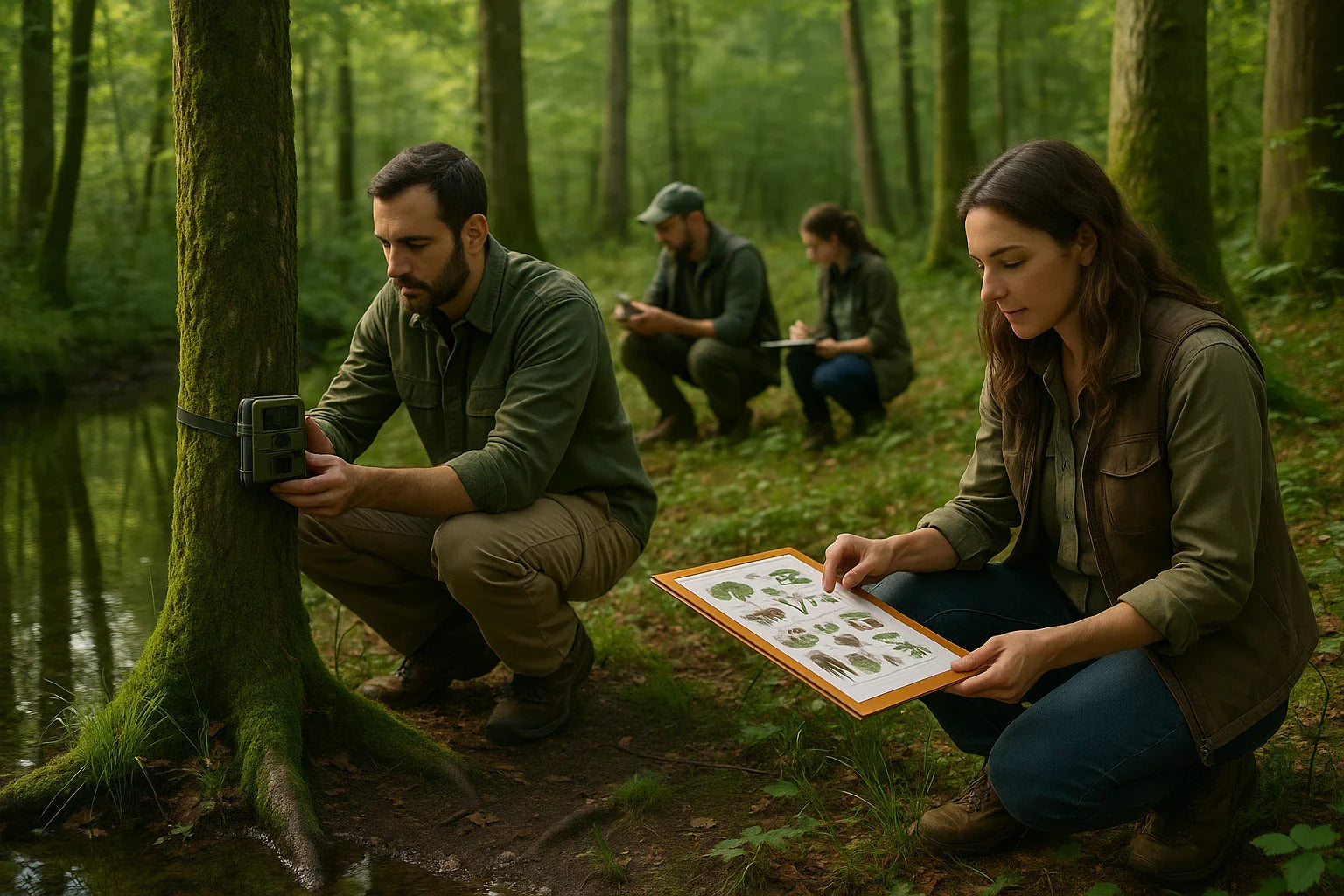 Group of field researchers in a lush green forest, with one man setting up a trail camera on a tree while a woman beside him studies a wildlife and plant identification chart, and two colleagues take notes in the background near a stream.