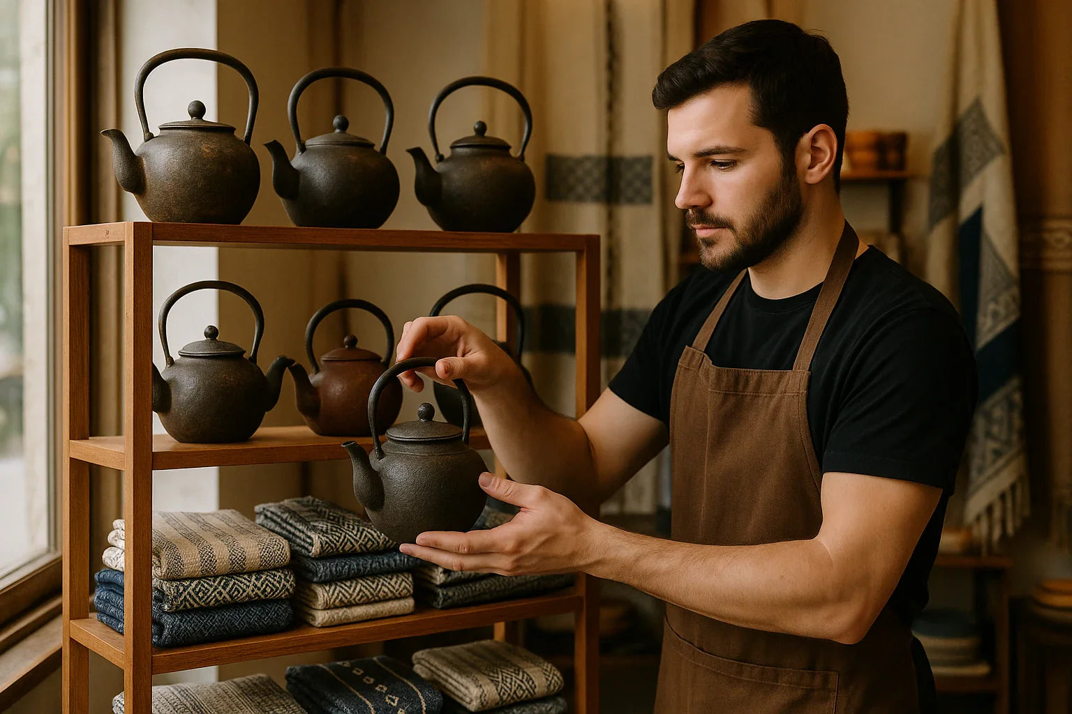 Man in a brown apron arranging teapots on a wooden shelf.