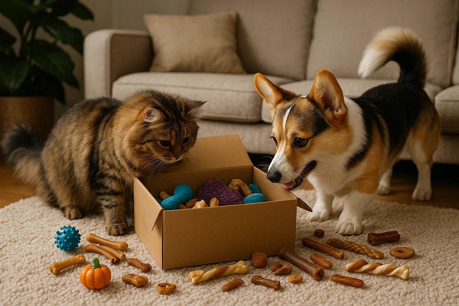 Fluffy tabby cat and happy Corgi dog exploring an open cardboard box full of pet treats and toys on a cosy rug in front of a beige sofa.