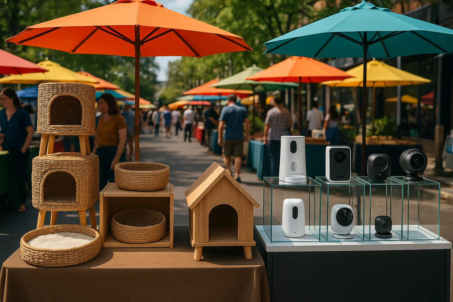 Outdoor market scene with pet accessories and electronic devices on display under colourful umbrellas.