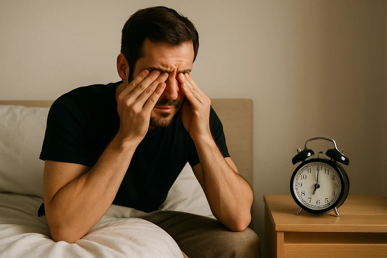 A man on the bed with his hands on his face showing a sign of restlessness and unable to sleep.