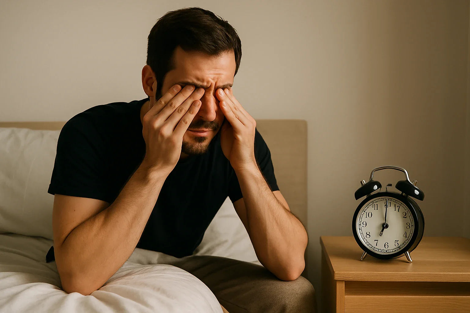A man on the bed with his hands on his face showing a sign of restlessness and unable to sleep.