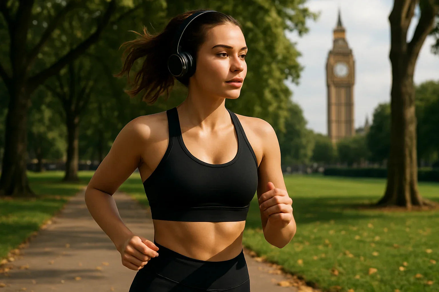 Woman running in a park with Big Ben in the background