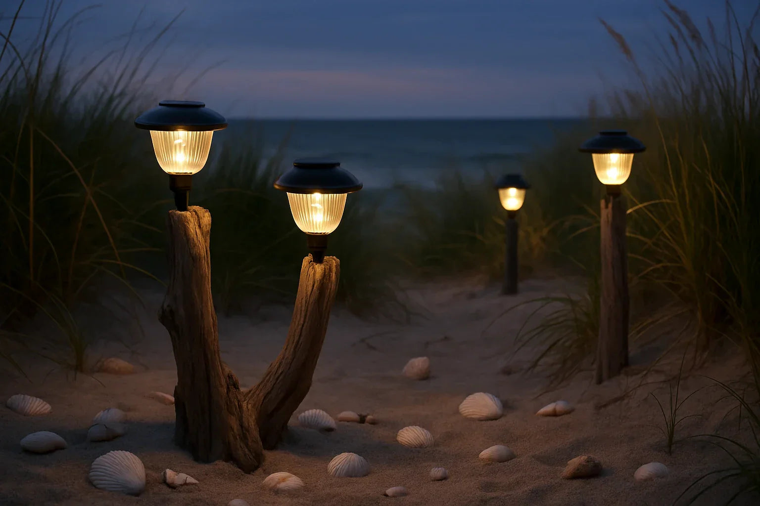 Solar-powered outdoor lights on wooden stakes in a sandy beach setting with ocean in the background.