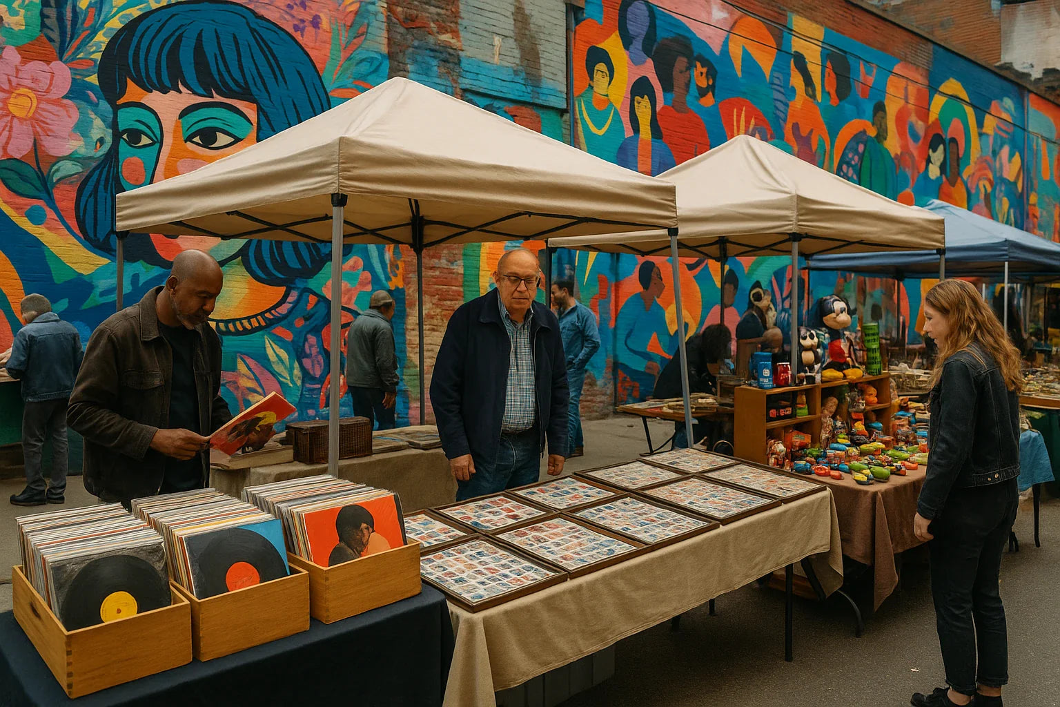 Outdoor street market with people browsing vinyl records, stamp collections and vintage toys under canopy stalls in front of a large colourful mural on a brick wall.