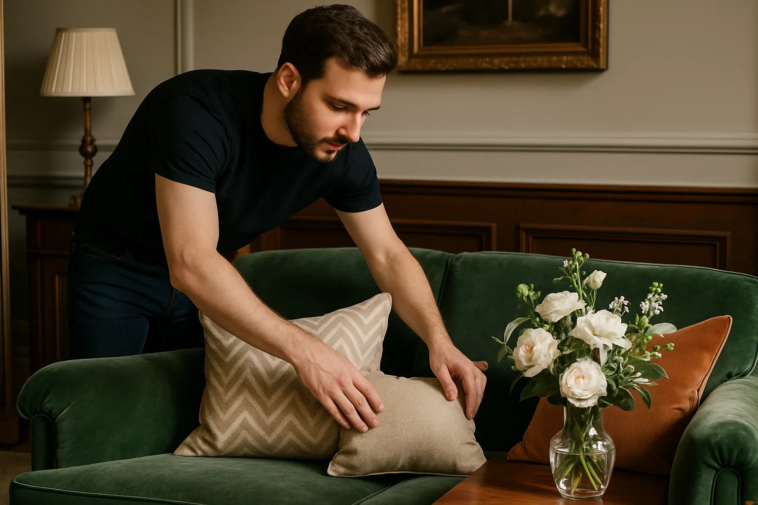 Man arranging pillows on a green sofa with a vase of flowers nearby.