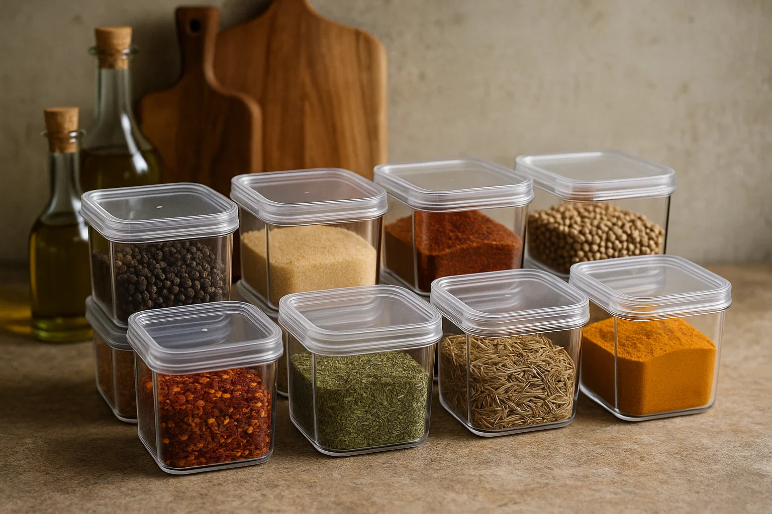 Set of transparent spice containers with spices on a wooden surface