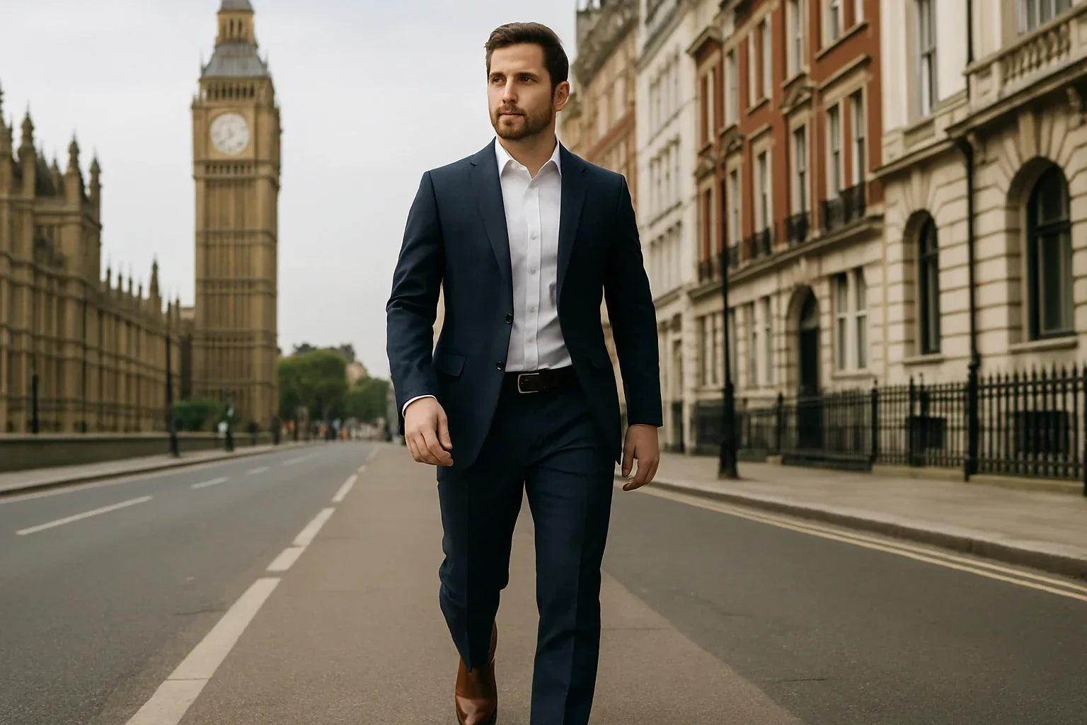 Man in a suit walking on a street with Big Ben in the background