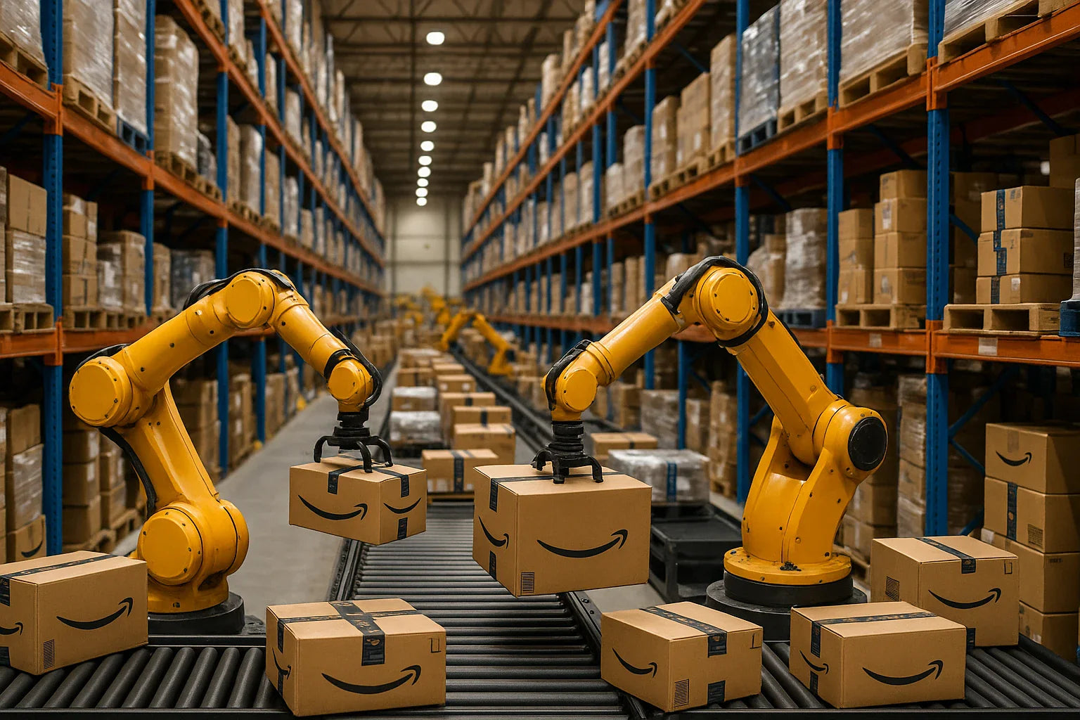 Automated yellow robotic arms moving Amazon parcels along a conveyor belt in a large, high-rack warehouse.