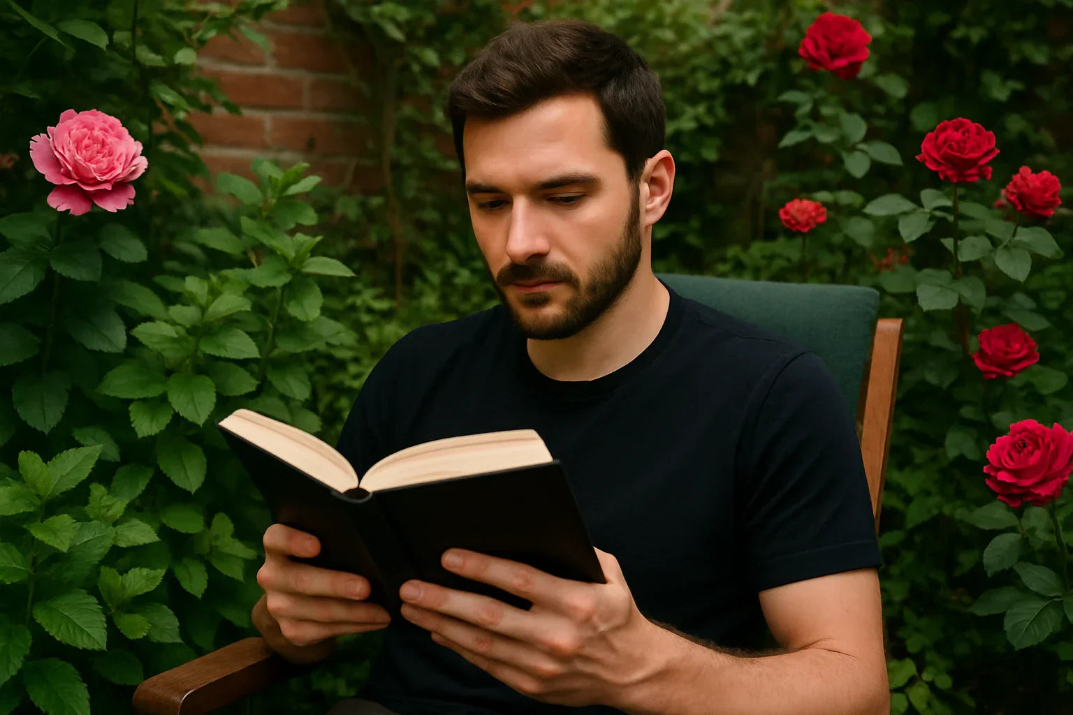 Man reading a book in a garden with flowers around.