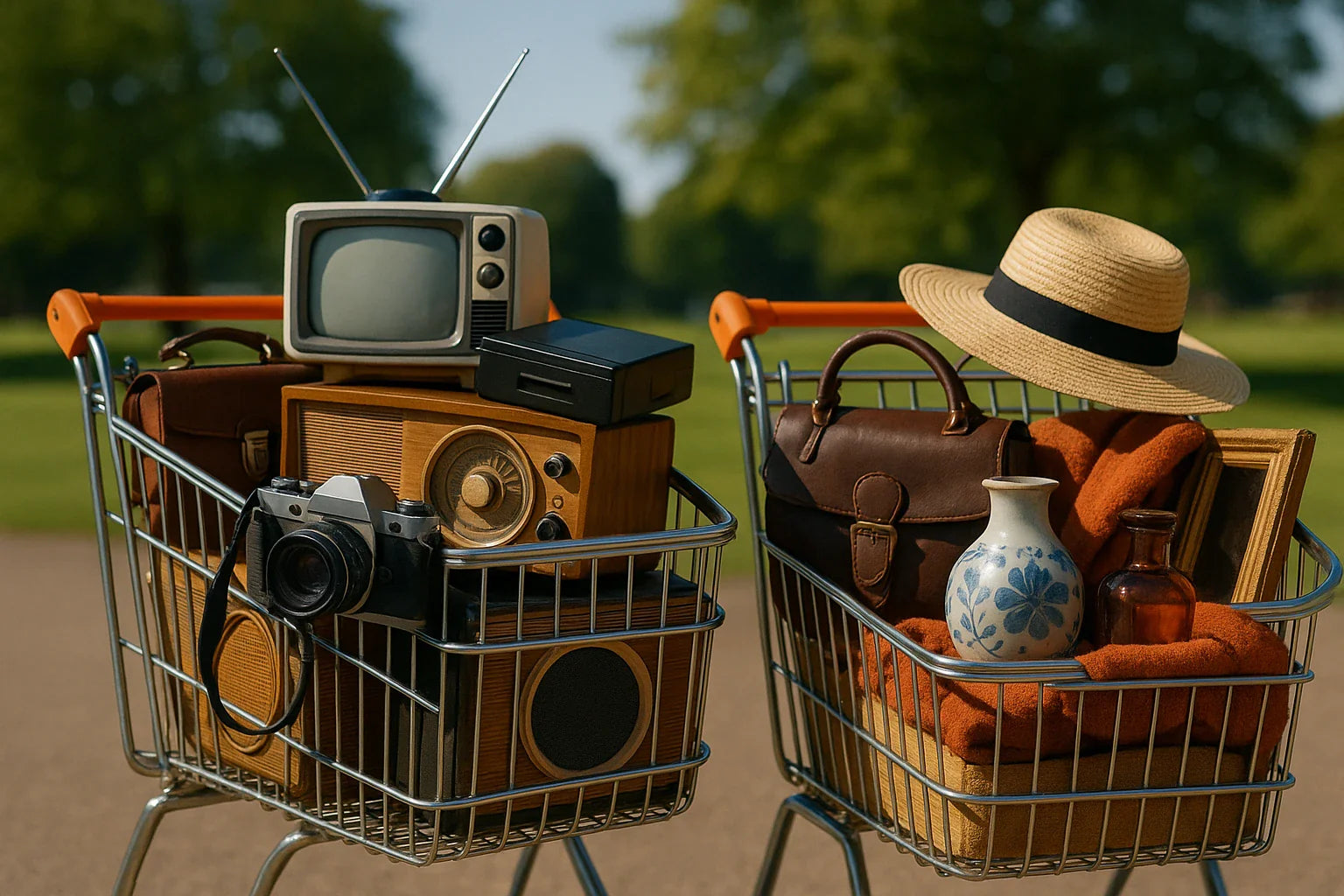 Two shopping carts filled with vintage items including a TV, camera, and hat.
