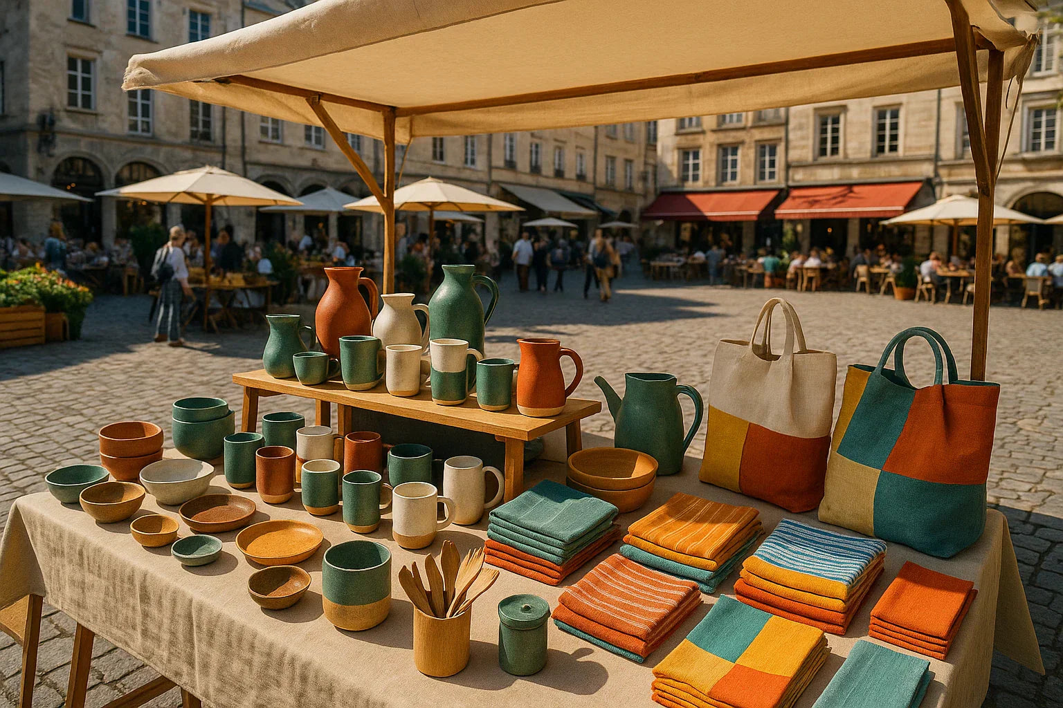 Outdoor market stall displaying colourful handmade ceramic bowls, mugs and jugs alongside neatly folded textiles and patchwork tote bags, set in a sunny cobbled square with cafés and people in the background.