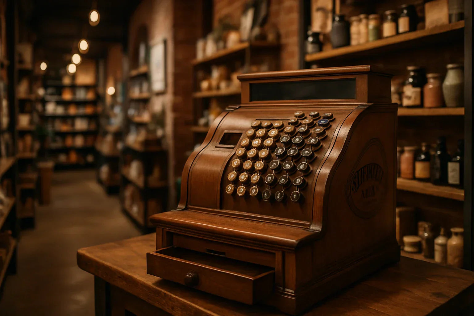 Vintage wooden cash register on a counter in a warmly lit shop, with shelves of jars and bottles blurred in the background.