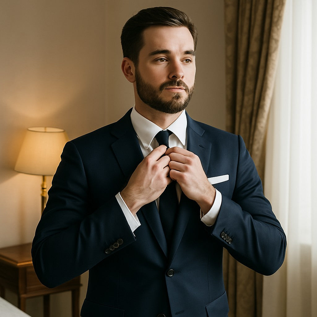 A well-dressed gentleman in a tailored navy blue suit adjusts his cufflinks confidently in a modern, elegant interior. He stands near a full-length mirror, wearing a white dress shirt and a silk tie.